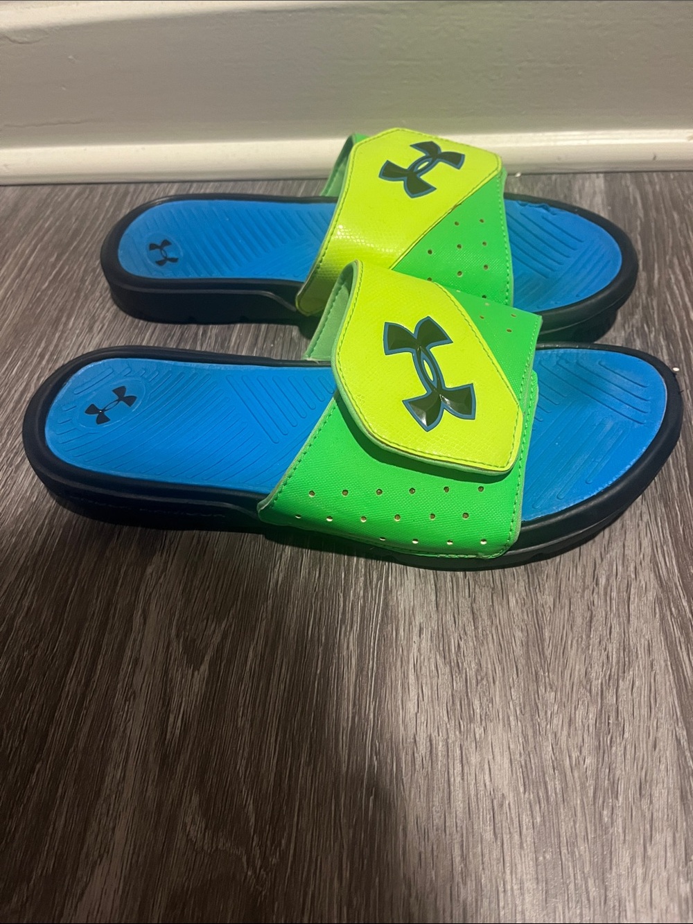Under Armour Neon Green and Blue Kids' Slide Sandals